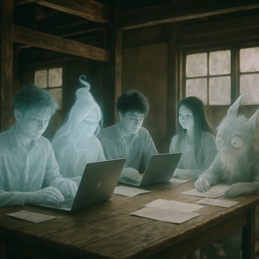 古い伝統的な霊屋の中で、若い幽霊や妖怪たちがテーブルを囲み、パソコンや資料を使いながら打ち合わせをしている写真風のイメージ。