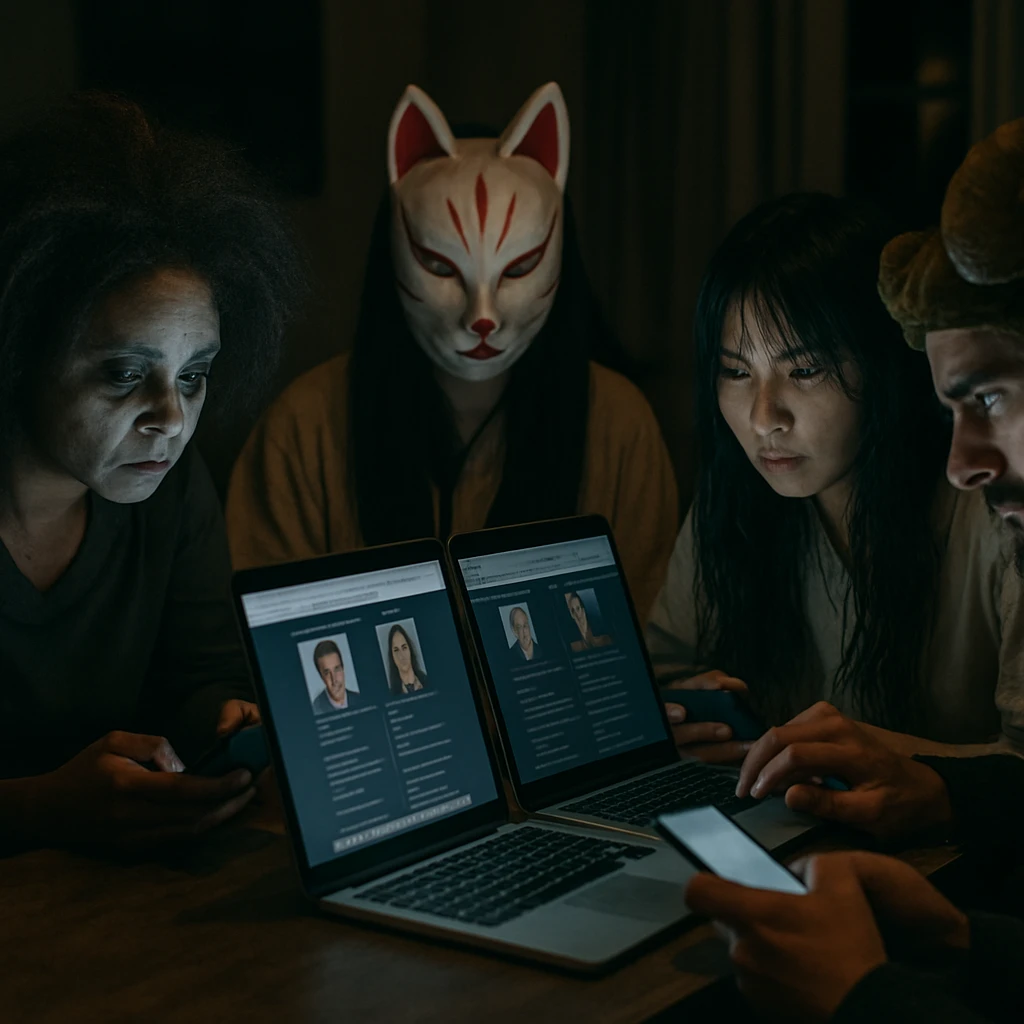 ノートパソコンを囲んで政策比較サイトを見つめる複数の人々（幽霊や妖怪風の雰囲気）を夜に撮影した写真。