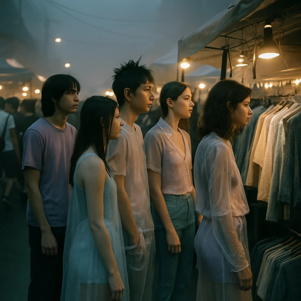 霧が立ちこめる夜市で半透明のY2K風レイヤードファッションをまとった若者たちがブースに並んでいる様子。