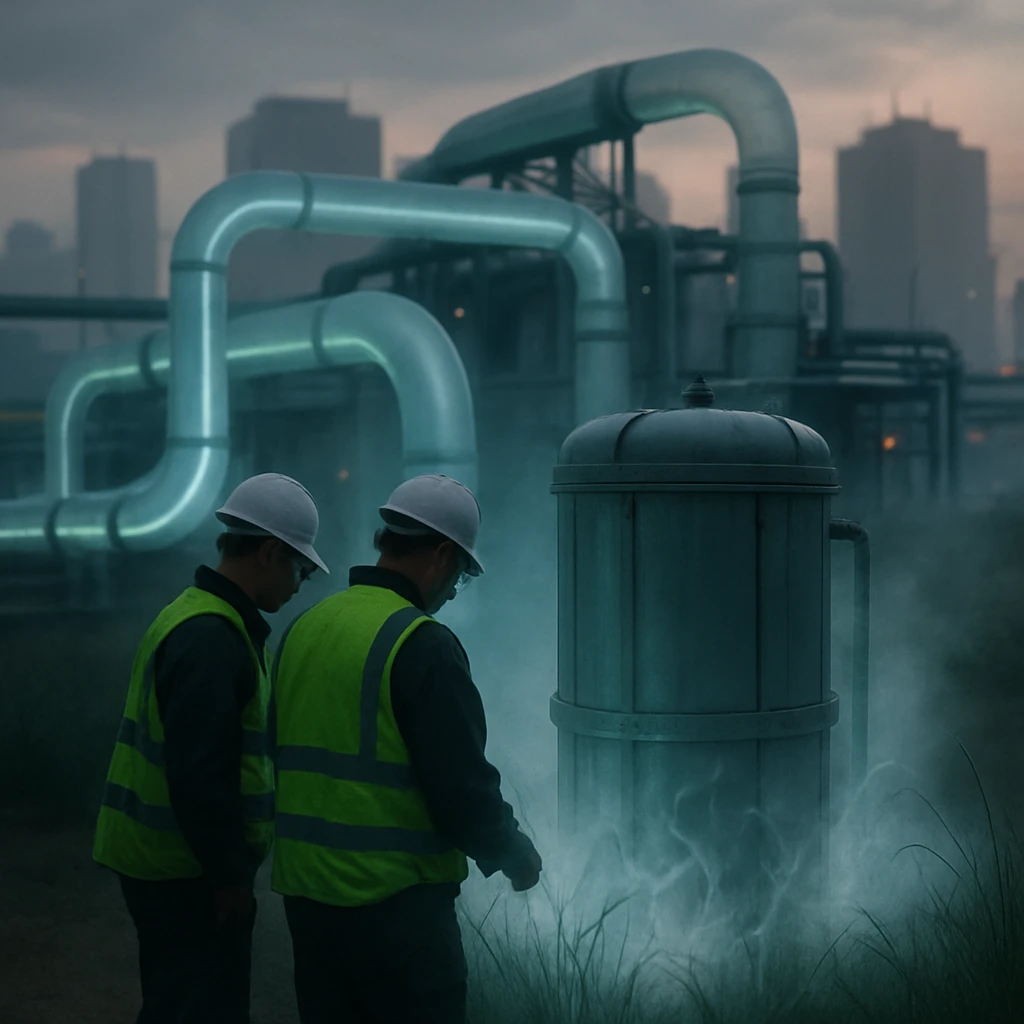 薄暗い都市の中、発光する配管や霧の中で働く作業員と霊草に囲まれた近未来的な発電炉の実写風写真です。