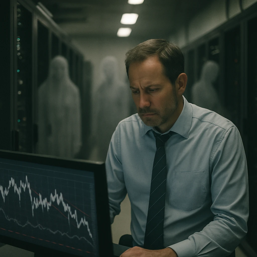 薄暗いデータセンター内でサーバーラックと、半透明の幽霊のようなシルエット、画面を心配そうに見る会社員が写っている写真。