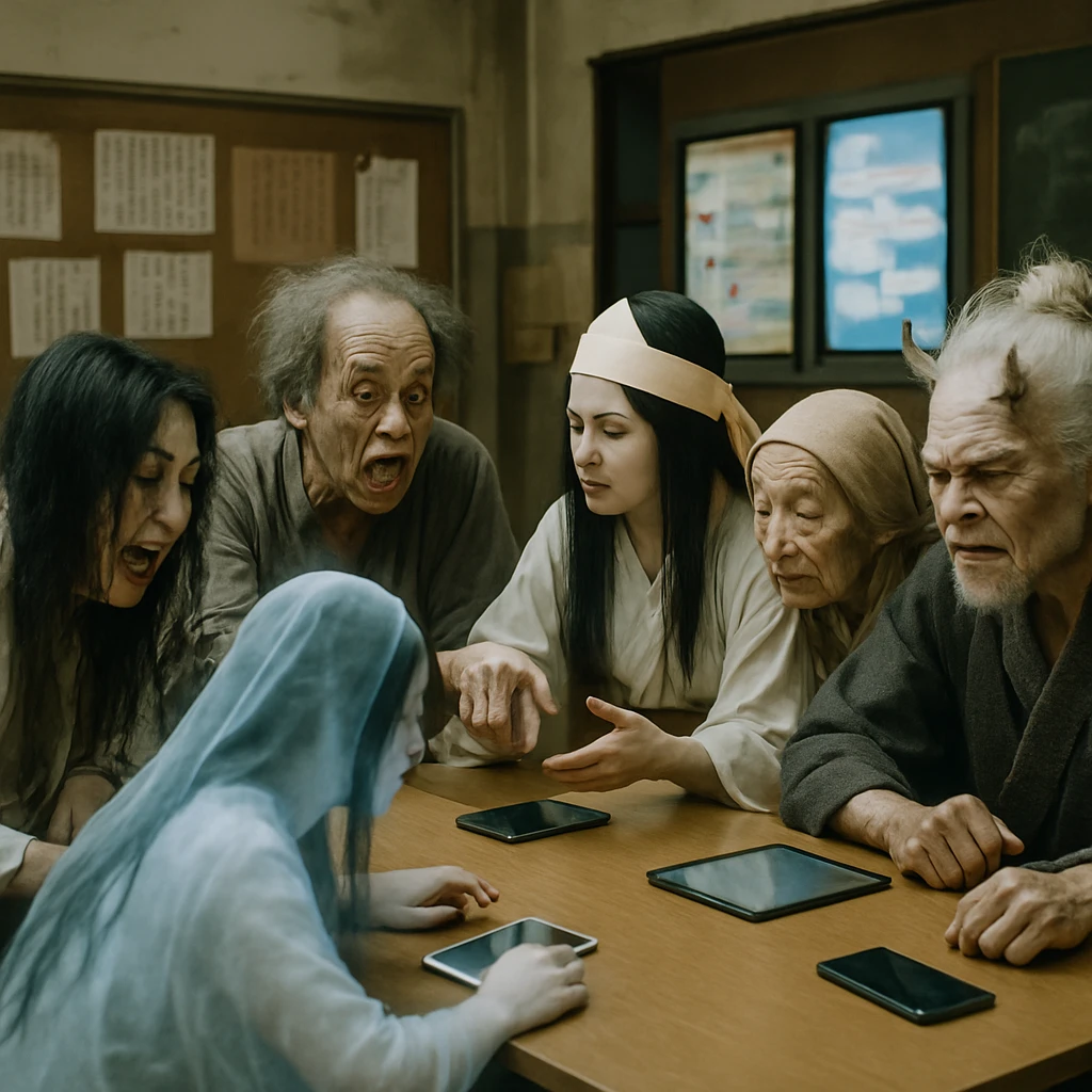 古びた公民館でスマートフォンやタブレットを囲み談笑する幽霊や妖怪姿の人々のリアルな集合写真です。