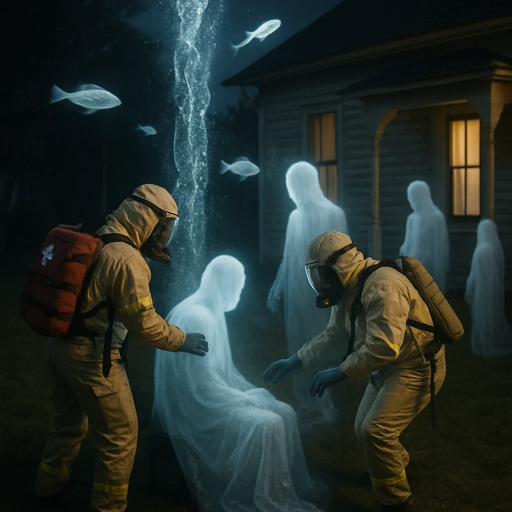 夜の伝統家屋の前で、特殊な防護服姿の医療班が水流と共に浮かぶ霊魚に囲まれた幽霊住民に対応している様子。