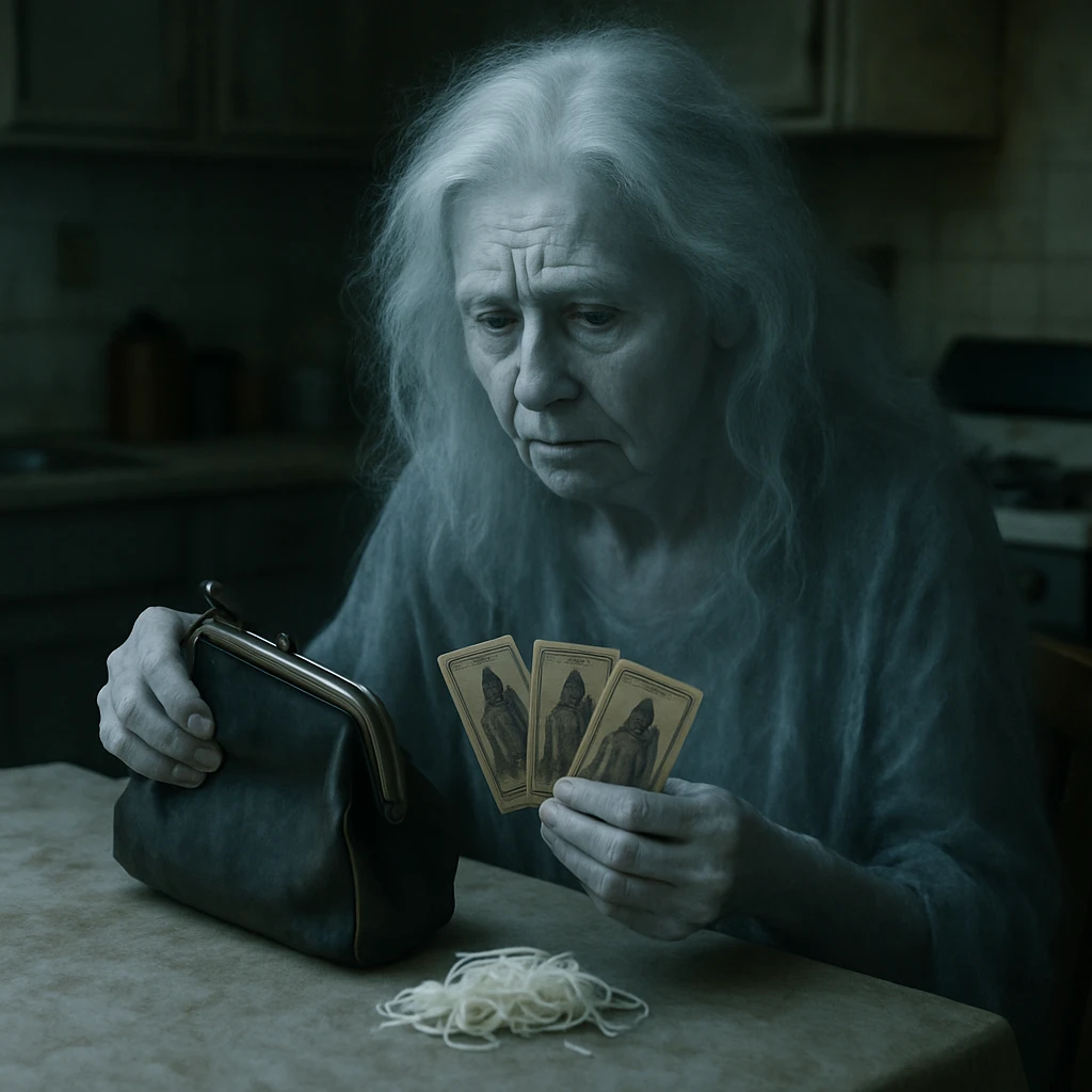 冥界の薄暗い台所で心配そうに財布とクーポンを見つめる年配の女性幽霊の写真。
