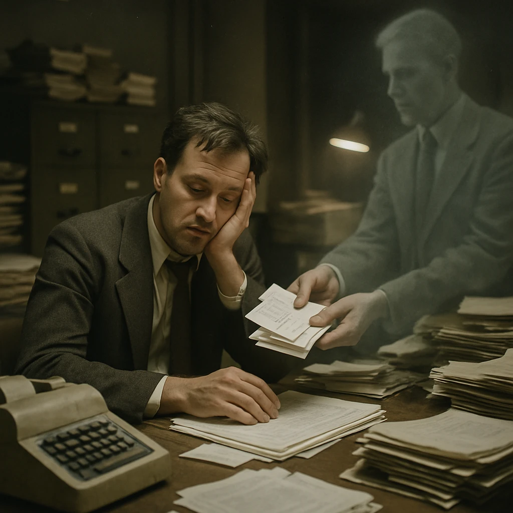 経理担当者のデスクで、書類を持った半透明の幽霊社員が経費精算を依頼している様子の写真。