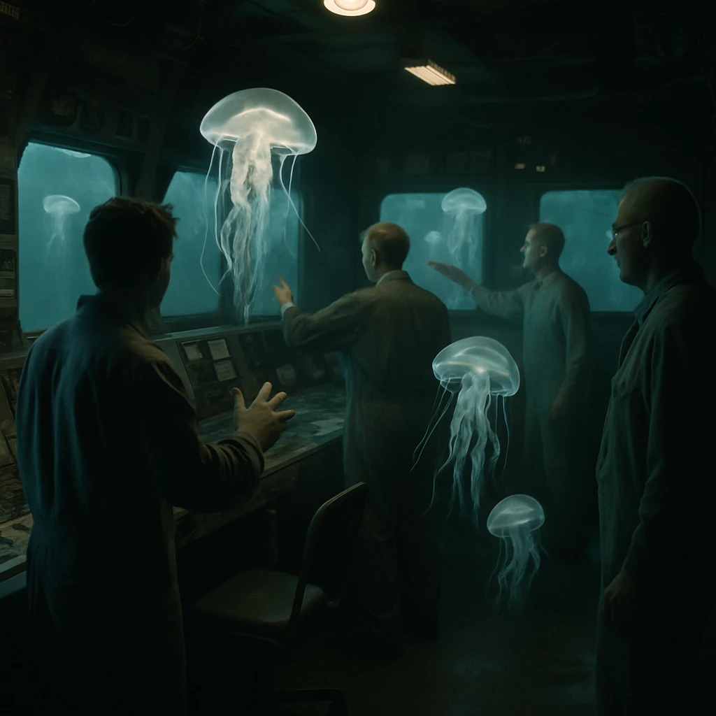 海底の制御室で技師たちが無重力状態で浮かぶ幽霊クラゲを見守る様子の写真。