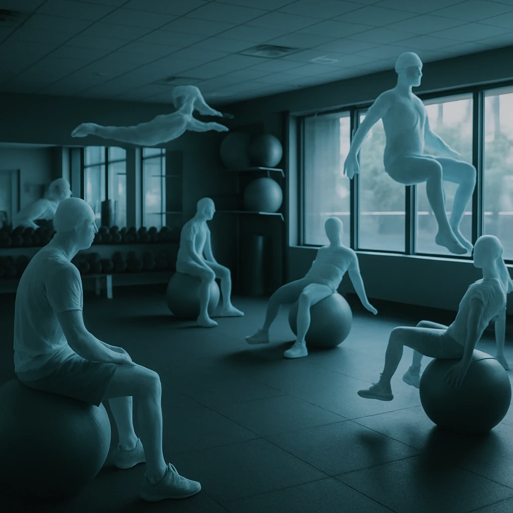 フィットネスジムの中で半透明の幽霊がバランスボールや浮遊トレーニングを行っている写真風の画像。