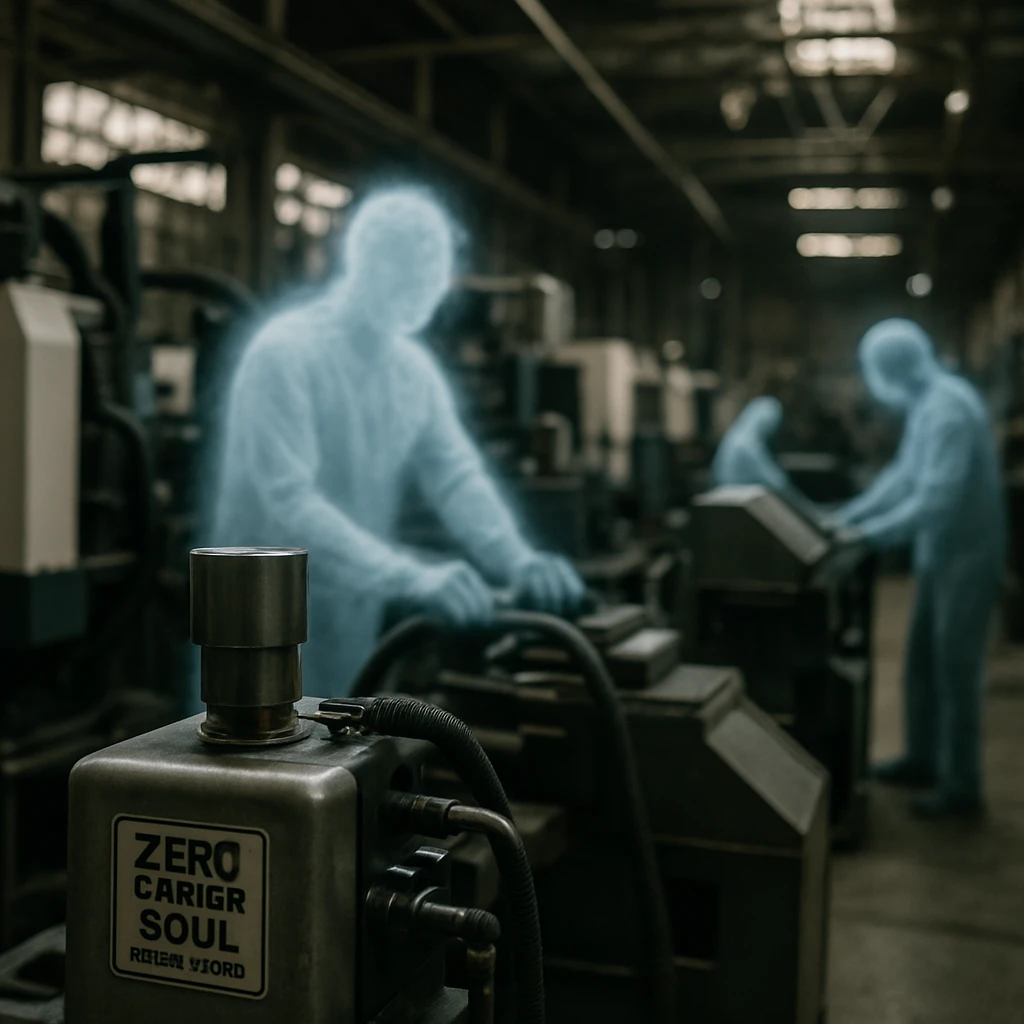 工場の内部で先進的な機械を操作するかすかに透ける作業員と、手前にゼロカーボンソウル認証ラベル付き製品が写る写真。