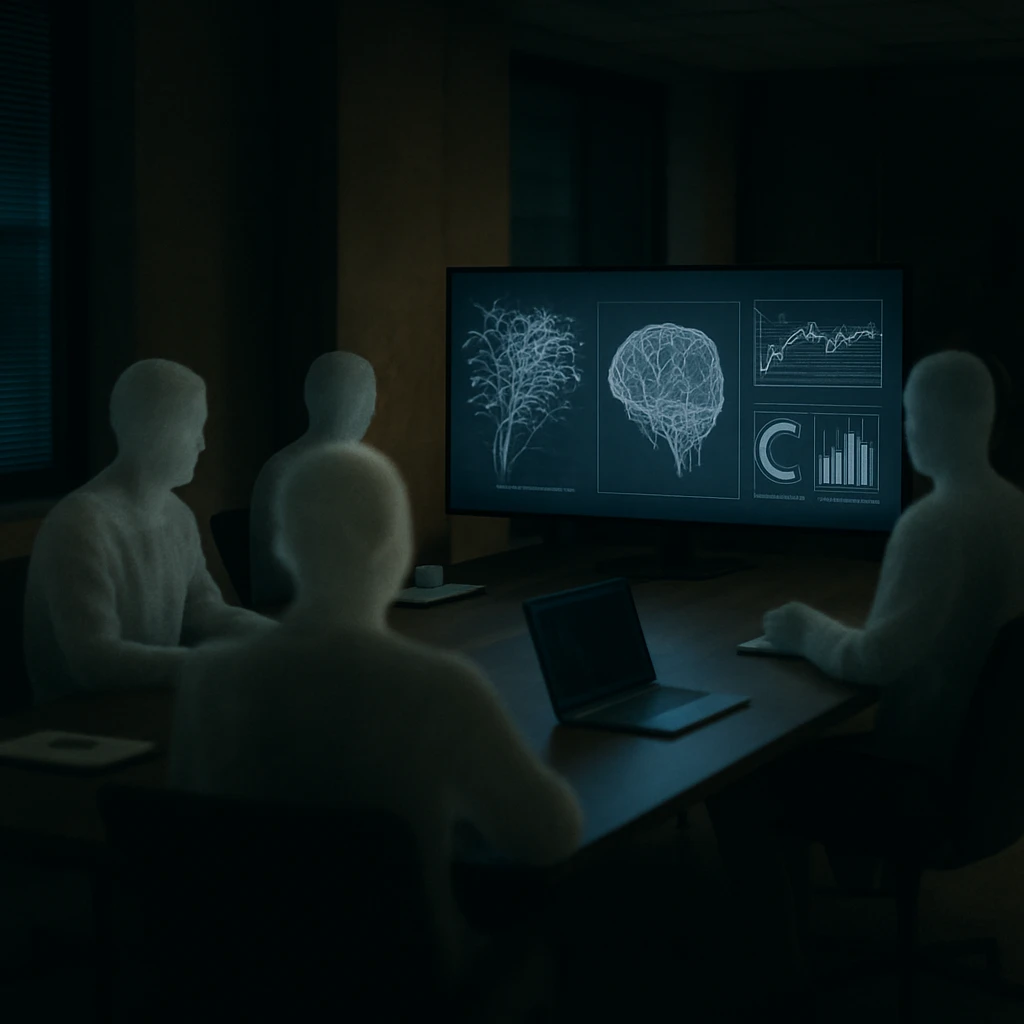 薄暗いオフィスで幽霊の輪郭が浮かぶ会議テーブルを囲み、AIデータが表示されたモニターに注目している様子の写真。