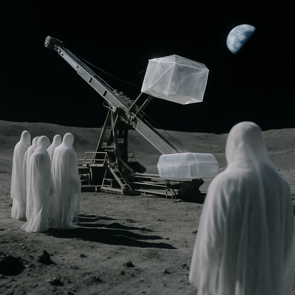 月面の灰色の地表に、幽霊のような半透明の人影たちが大型のカタパルト装置を囲んで作業している様子。