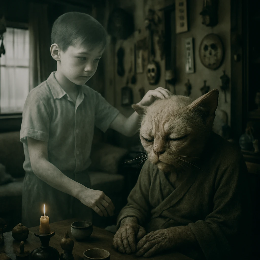 薄暗い和風の部屋で、学校制服姿の半透明な子どもが化け猫の祖母を介護している様子の写真。