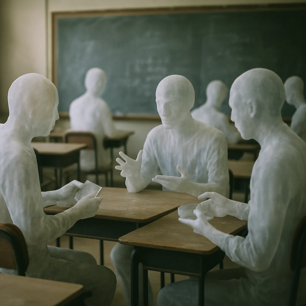 幽霊の姿をした数人が教室で机に座り、見えない財布を手にしている様子の写真。