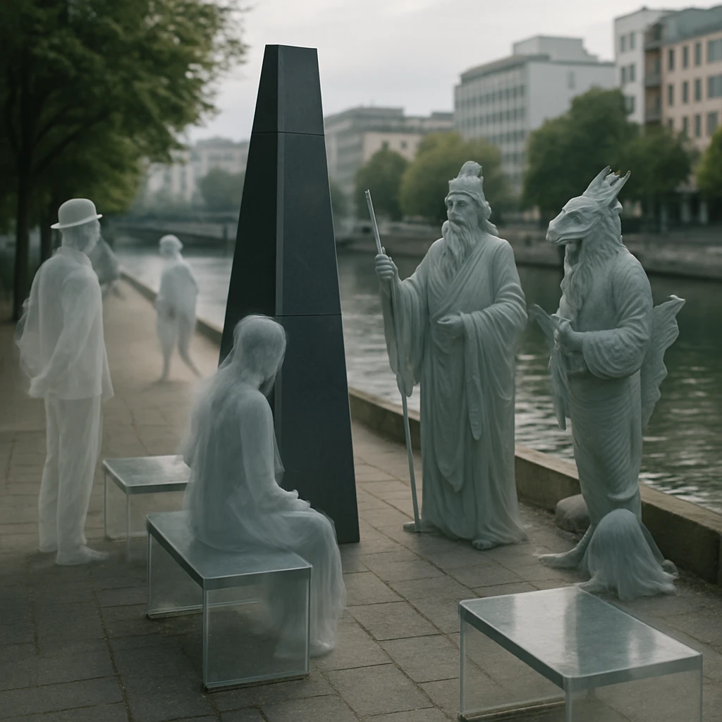 死後の都市にある清流沿いの現代的な川の駅で、半透明な精霊や河の神々が交流している様子の写真。