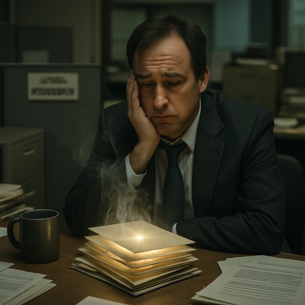 人事担当者が多数の履歴書と淡い霧に包まれたオフィスデスクに座っている。