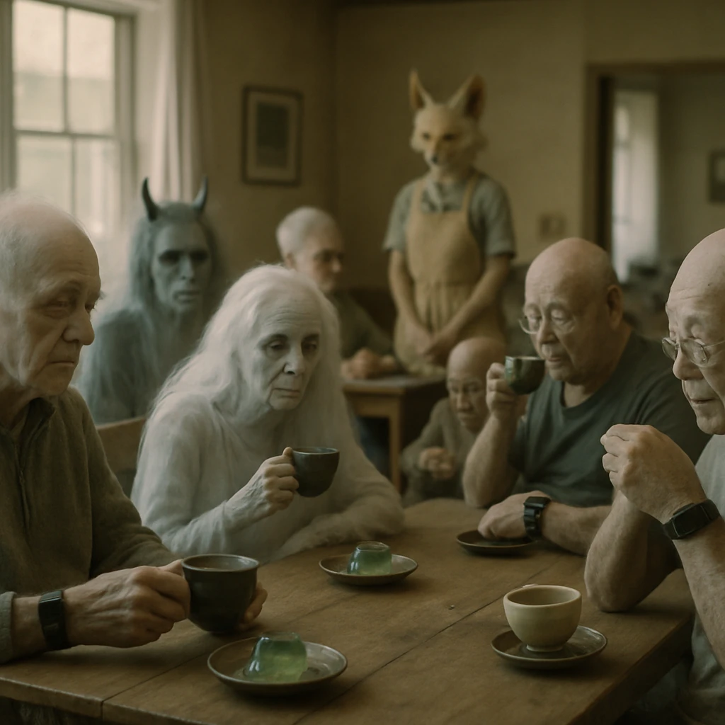高齢の幽霊や妖怪たちが昼下がりの共有居間で一緒にお茶とゼリーを楽しんでいる様子の写真。