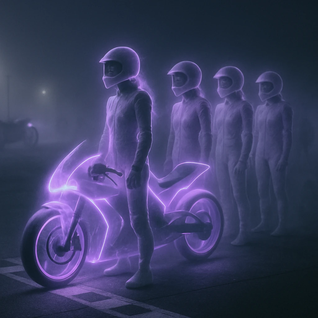 紫色のオーラを纏ったバイクの横で、レーシングスーツ姿の女性幽霊ライダーたちが霧に包まれたグリッドに立つ写真。
