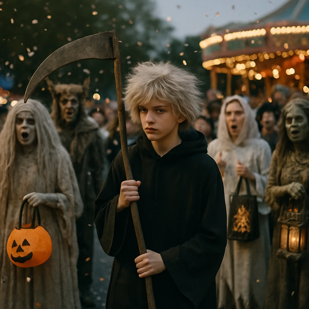 冥界コスプレイベントのステージ上で、銀色のウィッグと大鎌を持った若者が観客やコスプレ参加者に囲まれている場面。