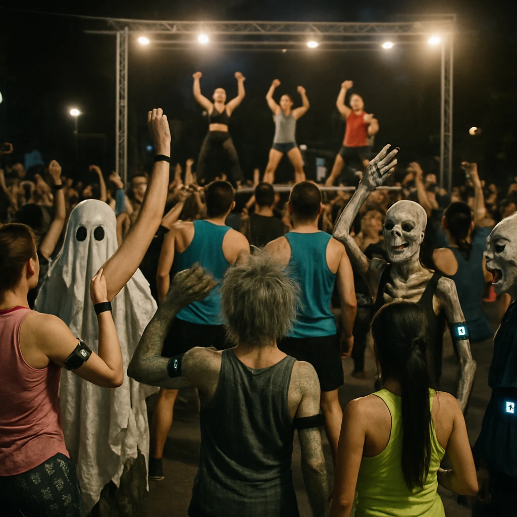 夜の屋外会場で人間や骸骨、妖怪、幽霊たちが最先端のウェアラブルを身につけてフィットネスイベントに参加している様子。