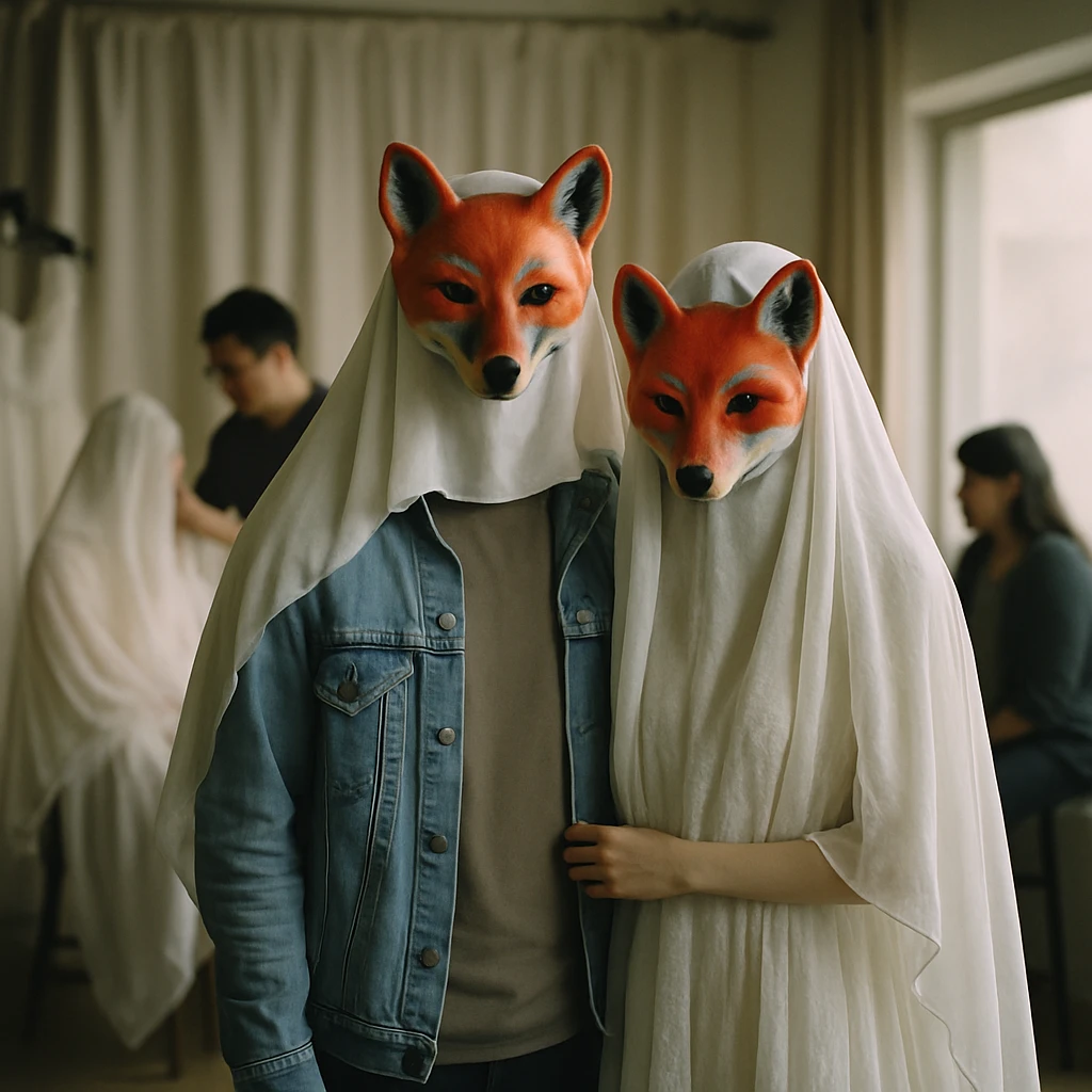 フォトスタジオでキツネ面とストリートファッションを身につけたカップルが並んでポーズを取っている様子。