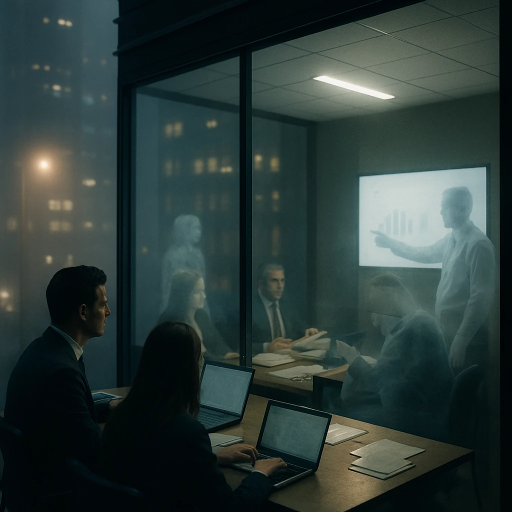 霧がかかったオフィスで幽霊のような存在が生身の人間と一緒にミーティングをしている写真。