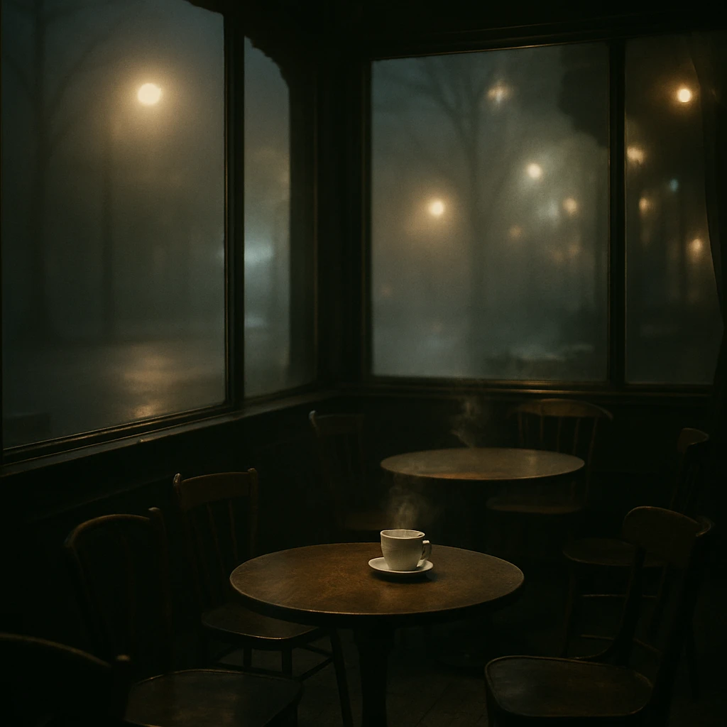薄暗い夜の霧に包まれたカフェの店内で、霊の気配が漂う空間にコーヒーカップが湯気を立てている様子。