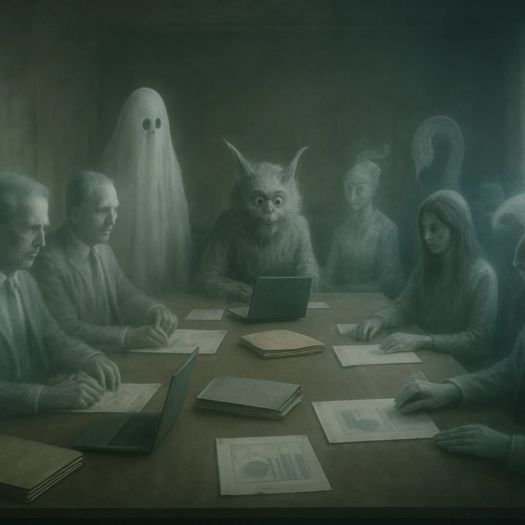 冥界の会議室で幽霊や妖怪が投資会議を開いている様子の写真。