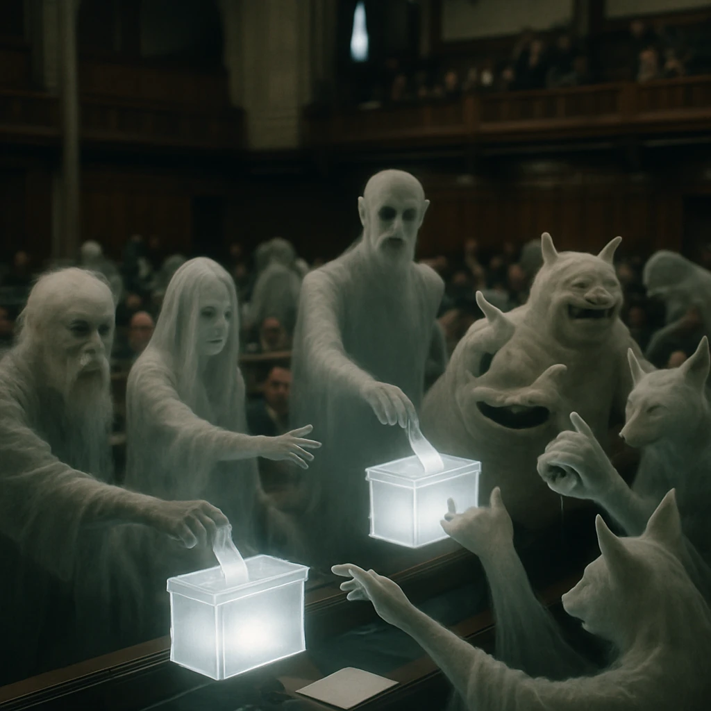 幽界の議事堂で幽霊や妖怪たちが浮遊しながら投票する様子のリアルな写真風画像。