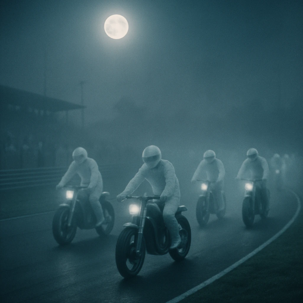 満月の下、霧が立ち込めるサーキットで幽霊のようなレーサーたちがeバイクで走行している様子。