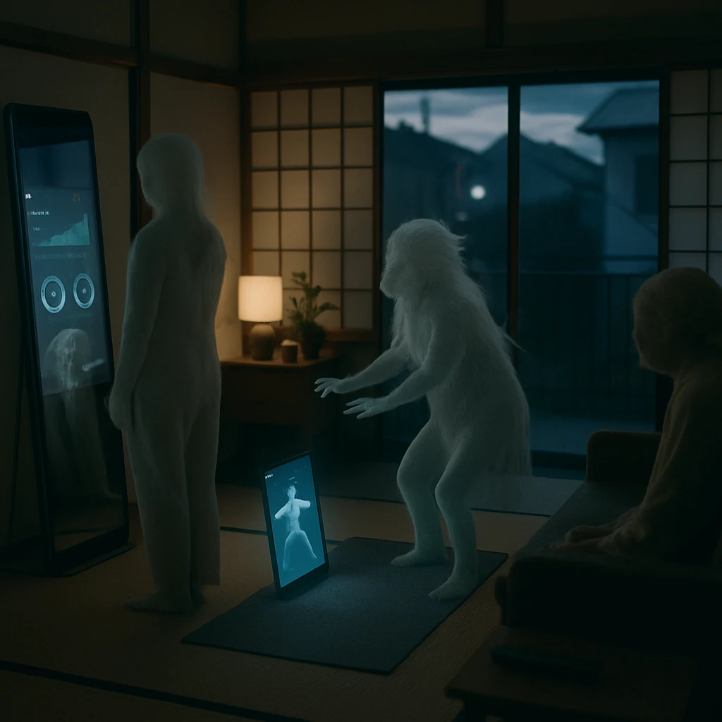 夕暮れの日本のリビングで、半透明の幽霊たちがスマートミラーや端末を使ってフィットネスを行っている写真風の一場面。