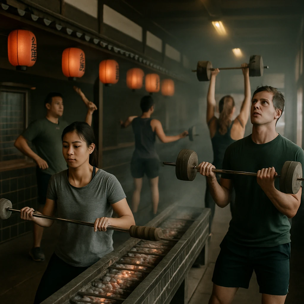 焼き鳥の串や炭火焼き場を模したジム内で、利用者たちが運動用の器具を持ちながらトレーニングしている様子の写真。