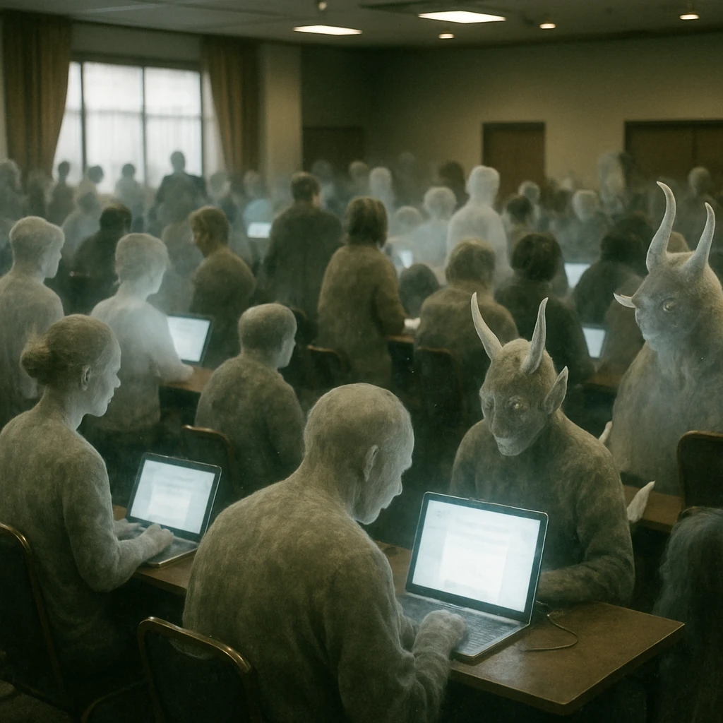 幽霊や精霊、妖怪などが集まる会議室内で、光る端末を操作している様子のリアルな写真風画像です。