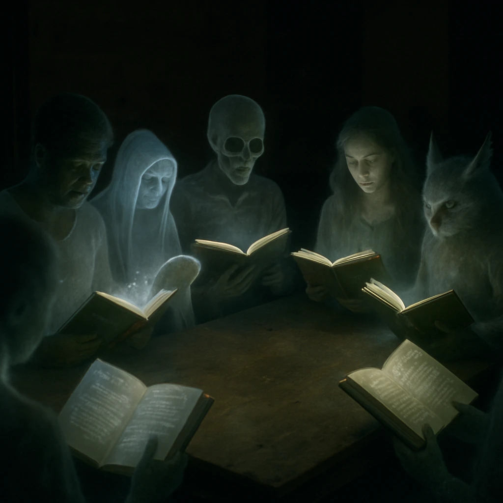 夜の読書会で、半透明の幽霊や幻獣たちが詩集を囲んで静かに読んでいる写真。