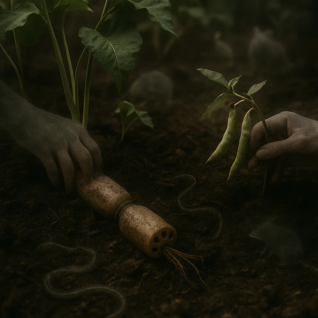 地下の柔らかい土壌で、半透明のミミズが有機野菜の根の間を這い、かすかに幽霊の手が不思議な作物を世話している場面の写真。