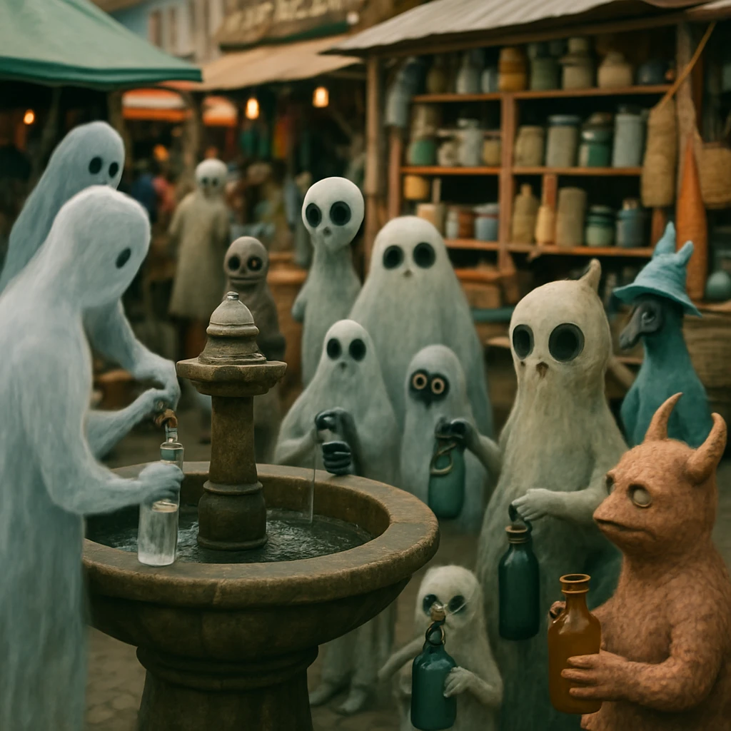 ゼロウェイスト広場で幽霊や精霊たちがマイボトルを持参して泉で給水している実写風の一場面。