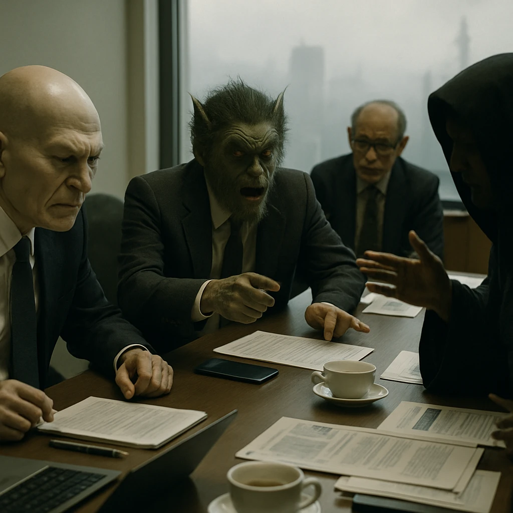 妖怪企業の幹部たちが会議室で真剣に議論している様子のリアルな写真。