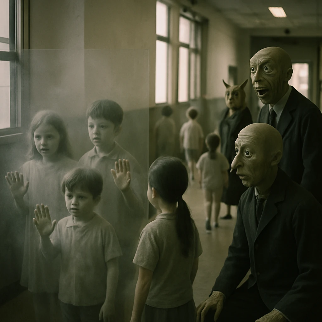 避難訓練中に半透明のバリア壁に行く手を阻まれて立ち止まる幽霊の子どもたちと、進む妖怪教職員の様子。