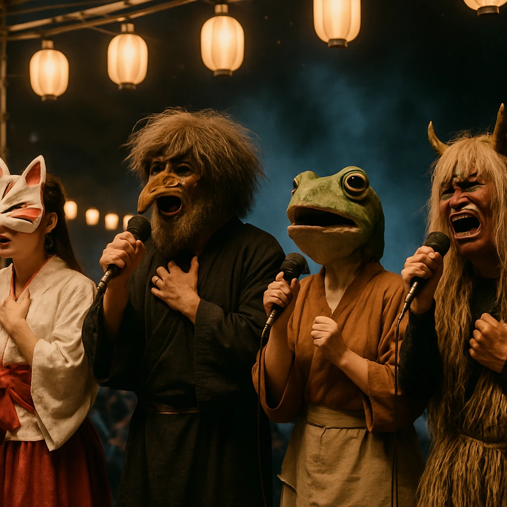 夜の野外ステージで、伝統衣装の4人組アイドルが感情的に歌い、観客席に青白い霧が広がっている様子の写真。