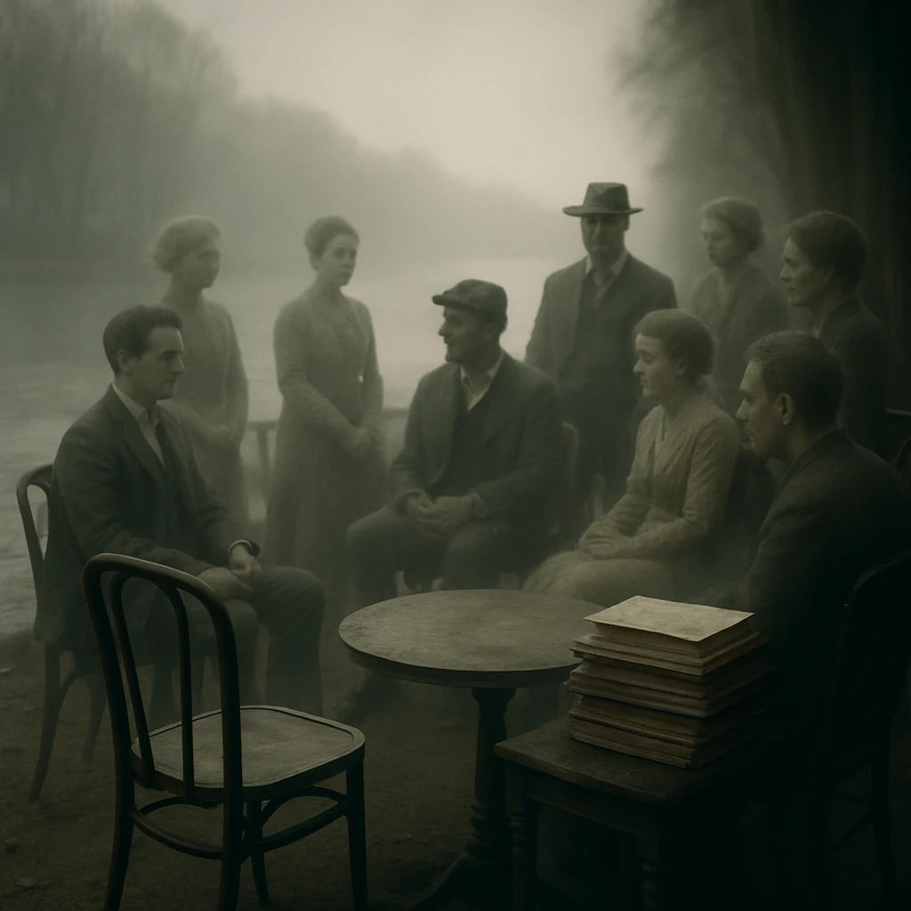 霧の立ちこめる川辺の文芸サロンで、幽霊のような人物たちが古い原稿と共に空席を囲む様子の写真。