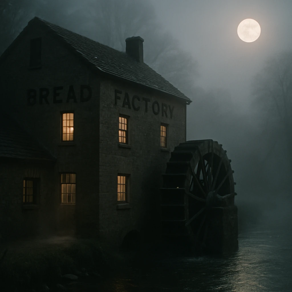 霧に包まれた大河のほとりにある水車が回るパン工場の夜景の写真。