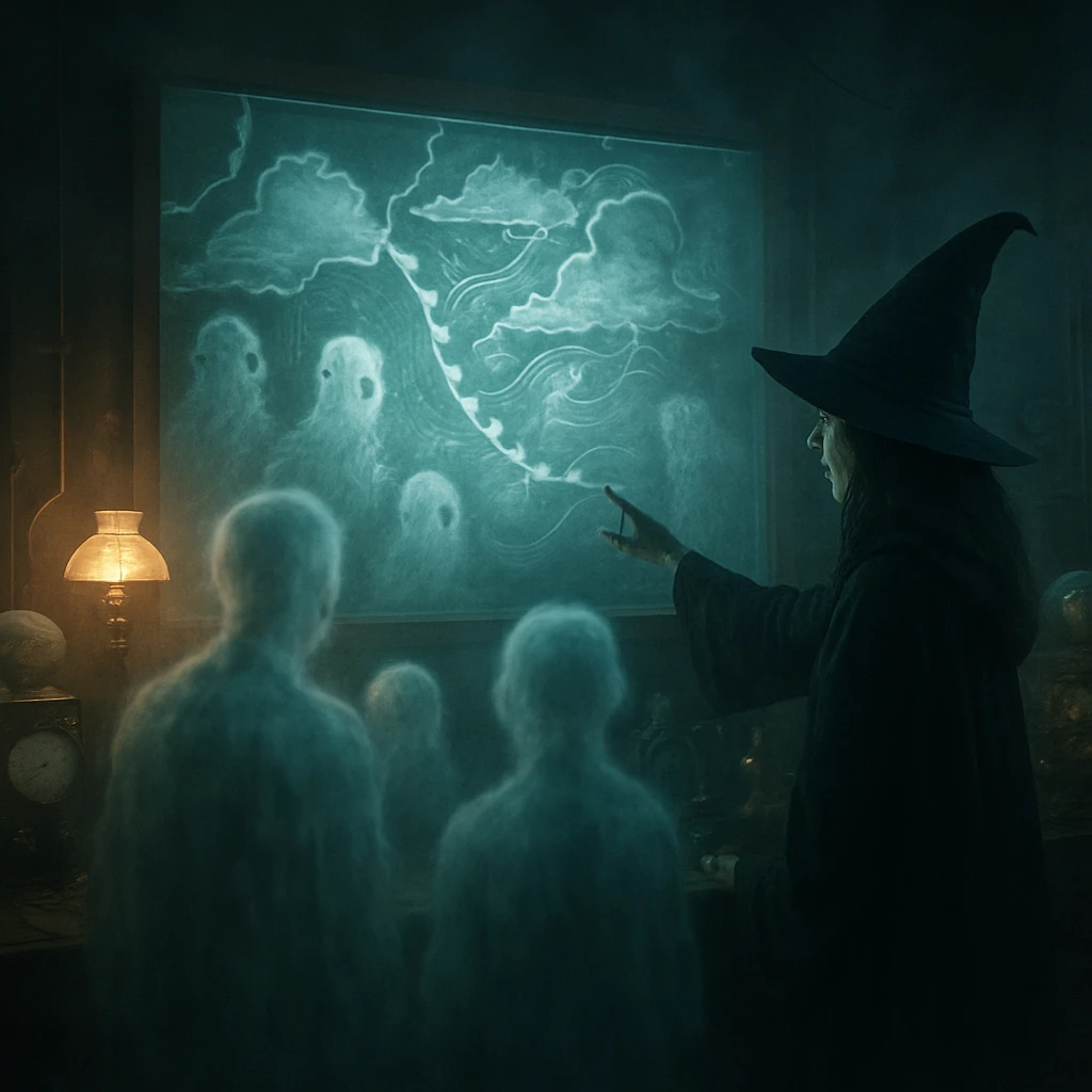 薄暗い制御室で、魔女気象連盟の魔女と幽霊たちが光る霊的天気予報図を見つめている様子。