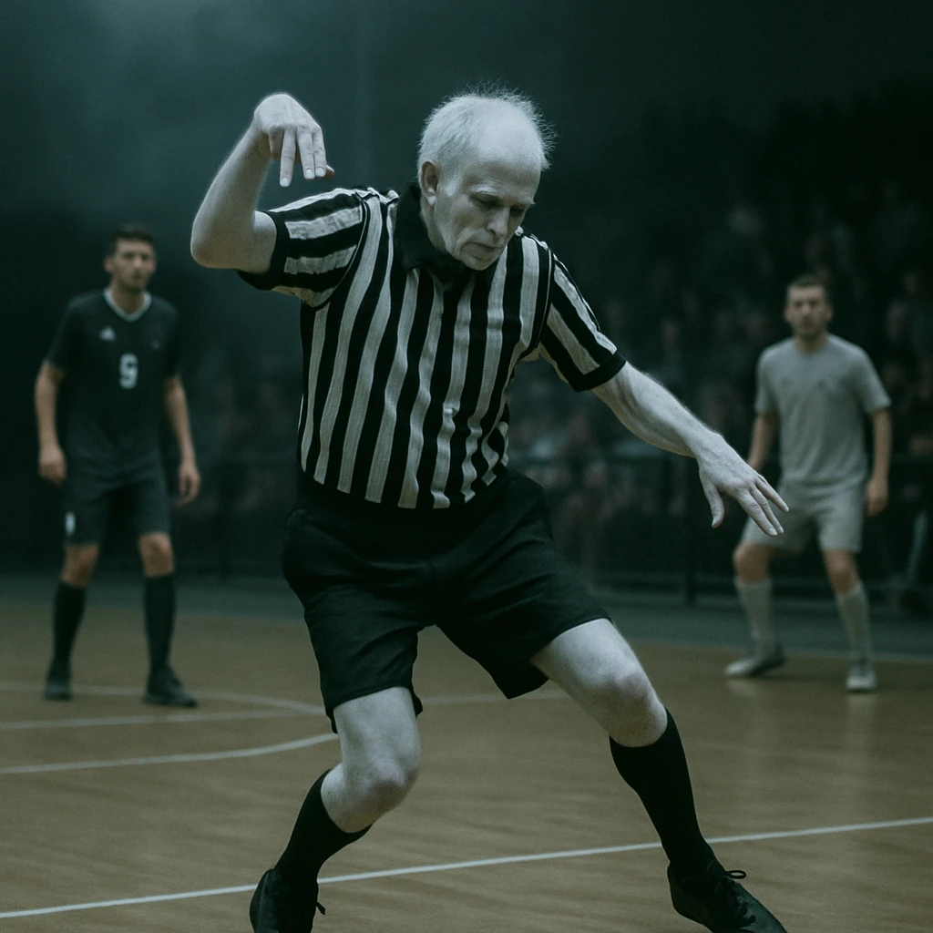 夜の室内フットサルコートで不可解な動きを見せる審判と困惑した選手や観客の様子。