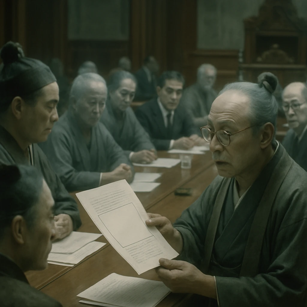 幽都衆議院の重厚な会議室で、霊的な議員たちが空白の憲法資料を囲み困惑した表情を浮かべている様子の現実的写真。