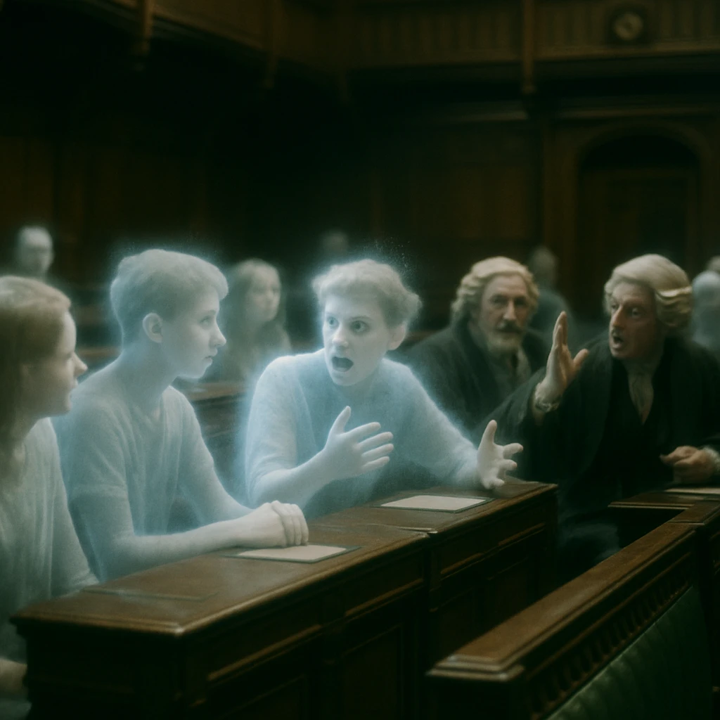 議会の重厚な議場で、若い幽霊たちと伝統的な長老幽霊が一緒に討論している様子のリアルな写真風イメージ。