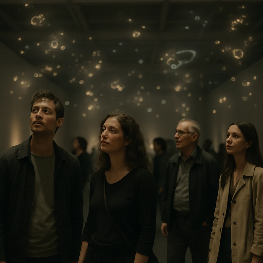 広い暗がりのホールで、光のインスタレーション作品に見入る来場者たちの写真。