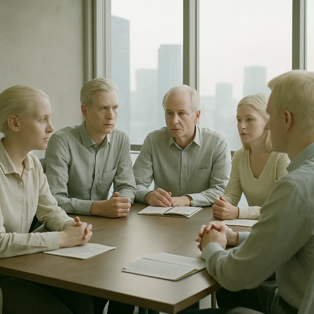 高層マンションの会議室で、少し透明感のある幽霊たちが真剣に管理組合の議論をしている様子。