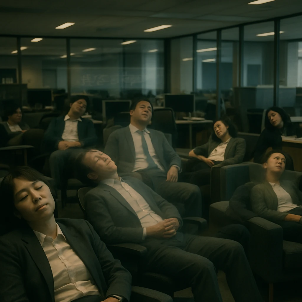 幽霊のように半透明なオフィスワーカーたちが、薄暗いオフィスで椅子やソファに横になって眠っている様子のリアルな写真。
