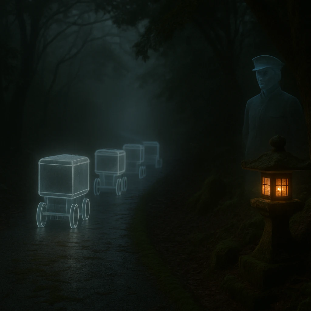 霧が立ち込める苔むした小道を自律移動ロボットが行進し、陰から伝統的な幽霊配達員が見守る夜の森の様子。