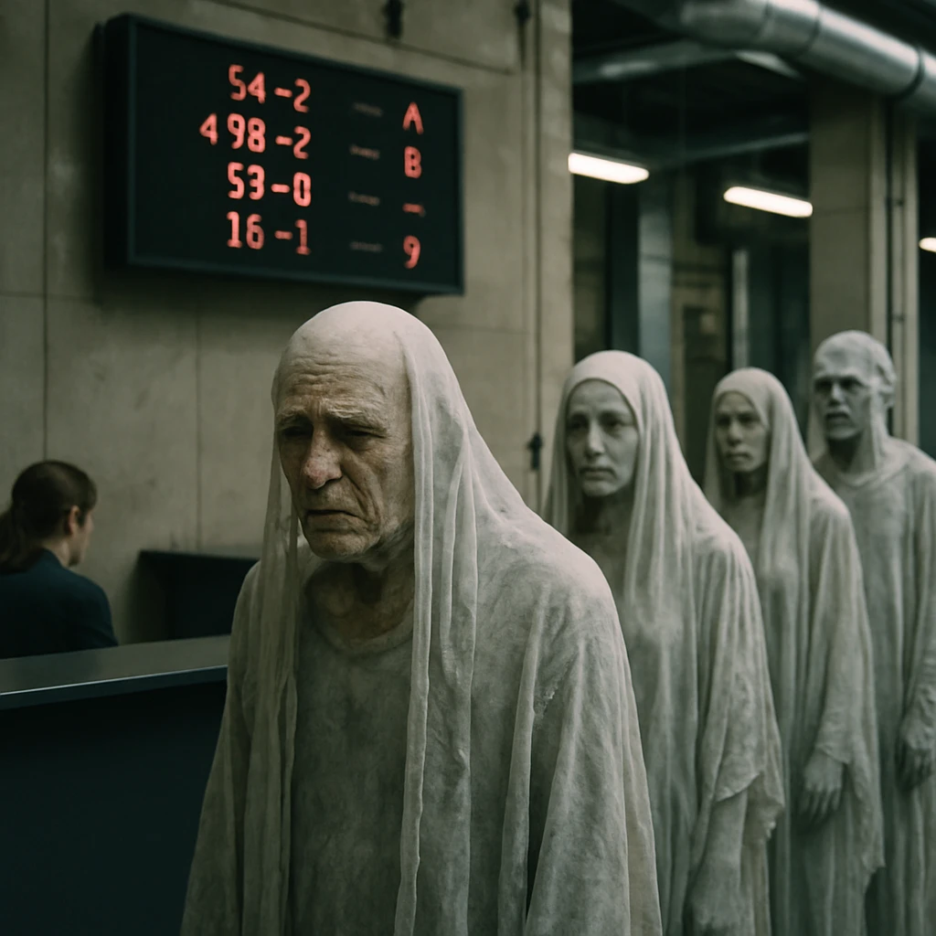 転生工場の受付前で困惑した表情を見せる幽霊たちと、デジタル表示に戸惑う初老の男性の幽霊が立っている様子。