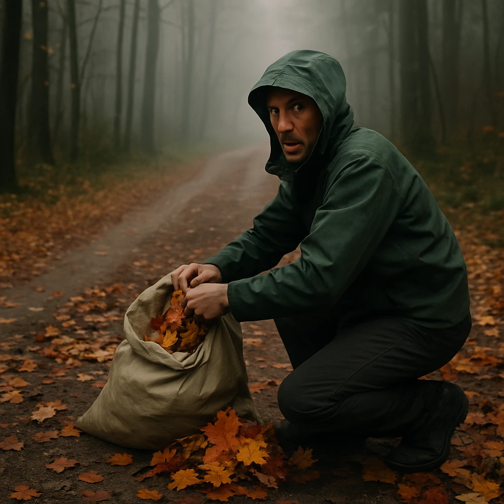 秋の霧がかかった森の小道で、緑色の上着を着た人物が落ち葉を袋に急いで詰めている様子。