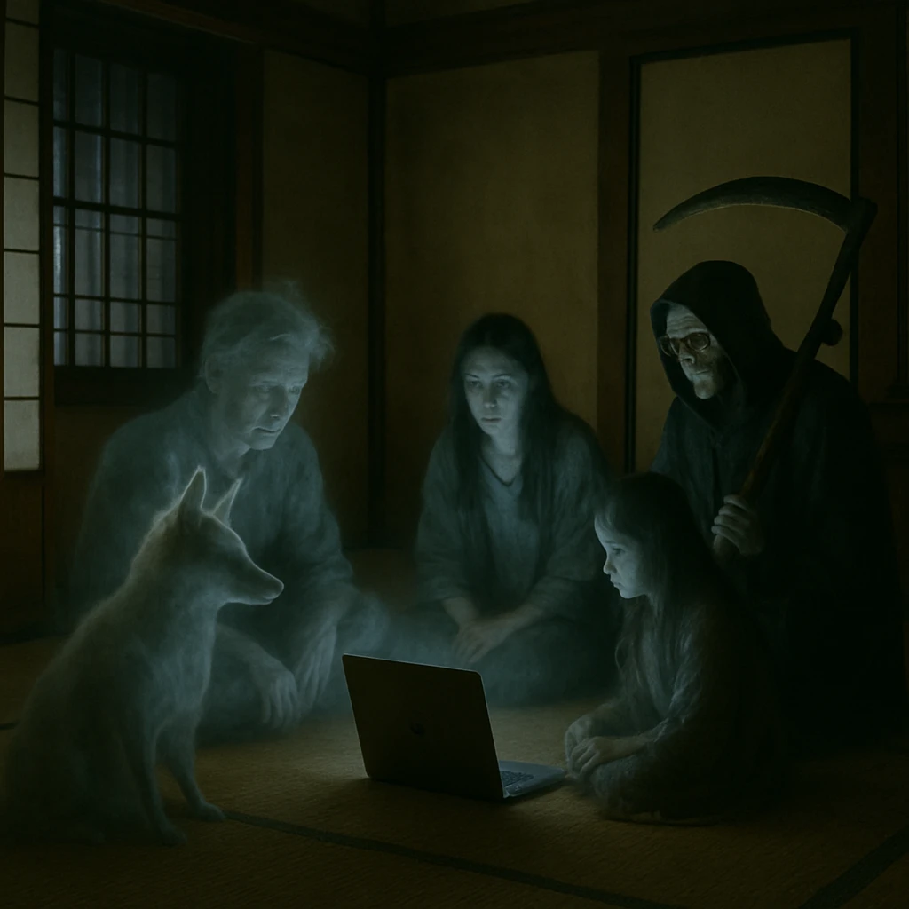 薄暗い和室で幽霊や妖怪、死神の父親など多様な異界の住人たちが集まり、畳の上でノートパソコンの動画を囲んで視聴している様子。